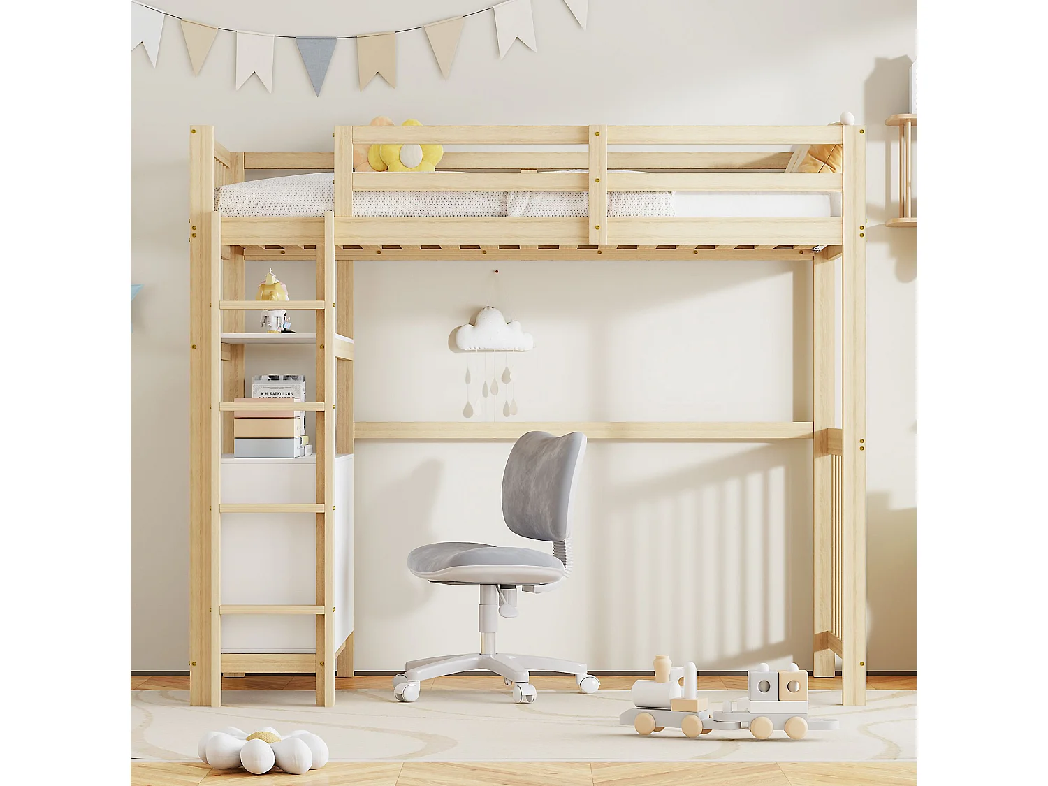 Beliche para crianças 90*200 cm, escada de segurança vertical, gavetas e prateleiras, design de fecho alto, madeira + branco