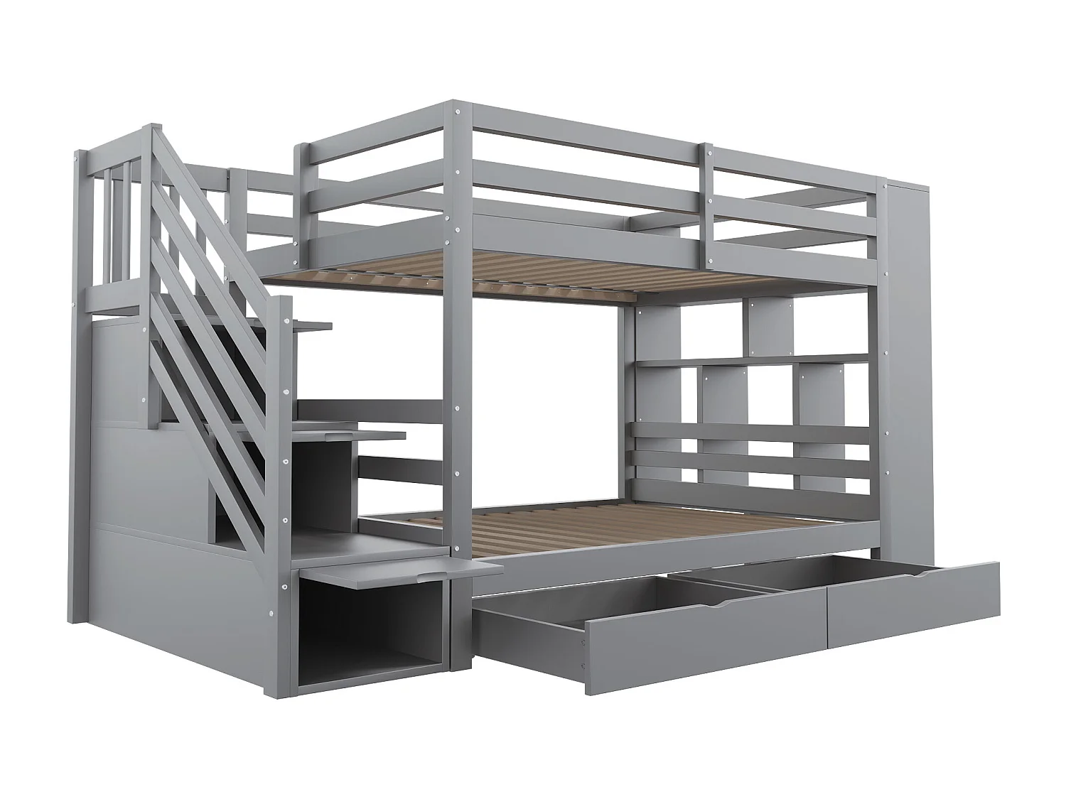 Lit superposé 90 × 200 cm, avec échelle de sécurité, tiroirs de rangement et placard, gris