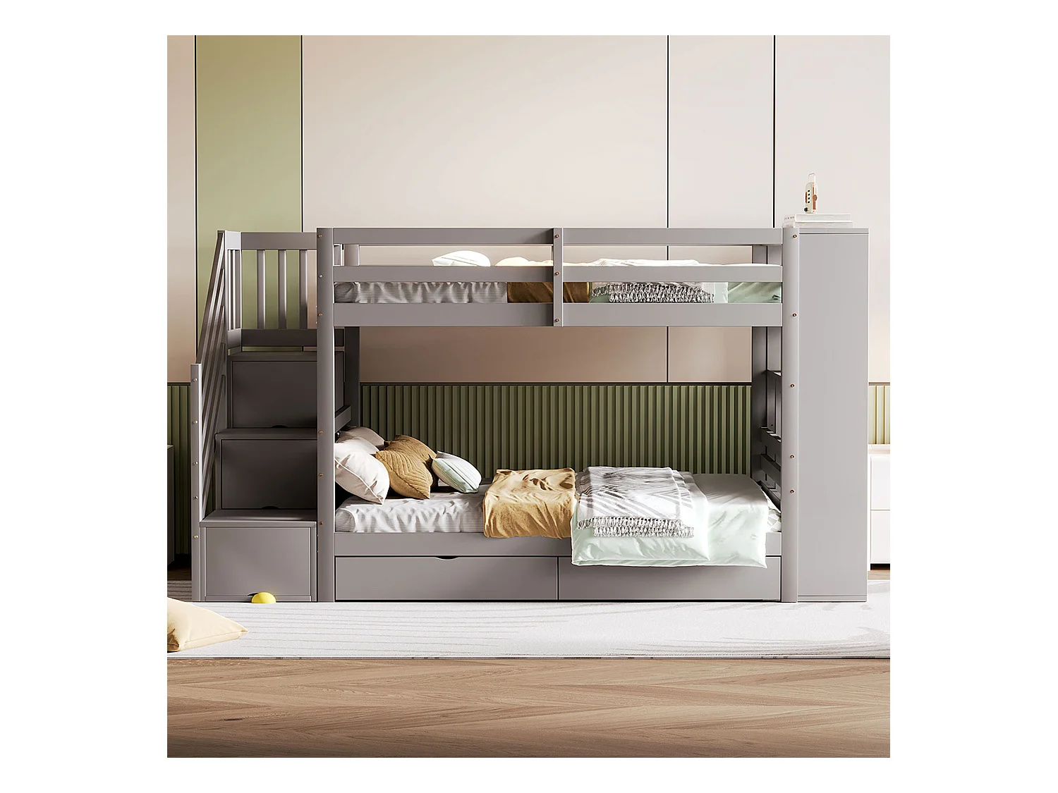 Lit superposé 90 × 200 cm, avec échelle de sécurité, tiroirs de rangement et placard, gris
