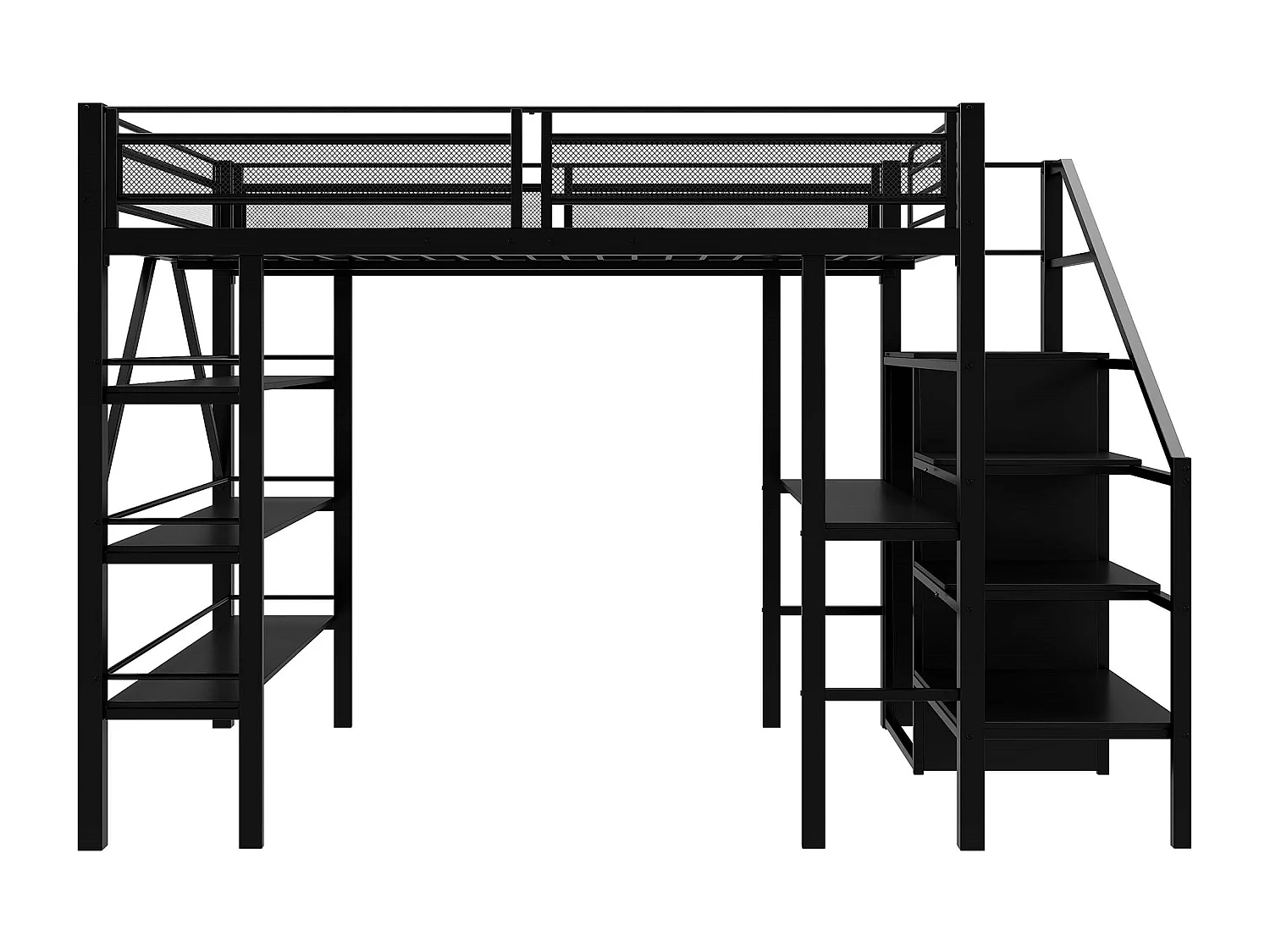 Lit d'enfant 140*200 cm, trois étagères de rangement, bureau, armoire, avec marchepieds de sécurité, barrière haute, noir