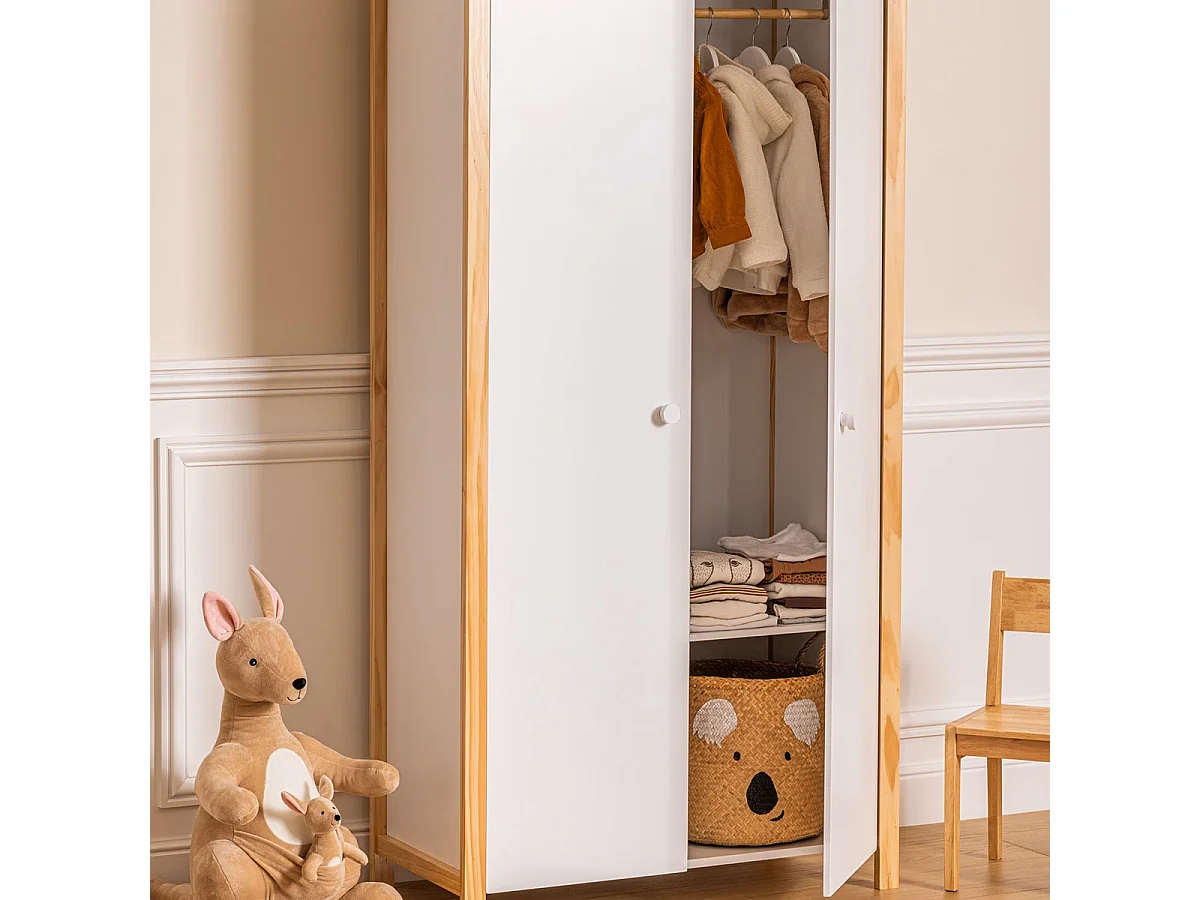 Armoire, meuble de rangement en bois avec 2 portes coloris blanc, naturel - Longueur 86  x Profondeur 41,2 x Hauteur  204,5 cm