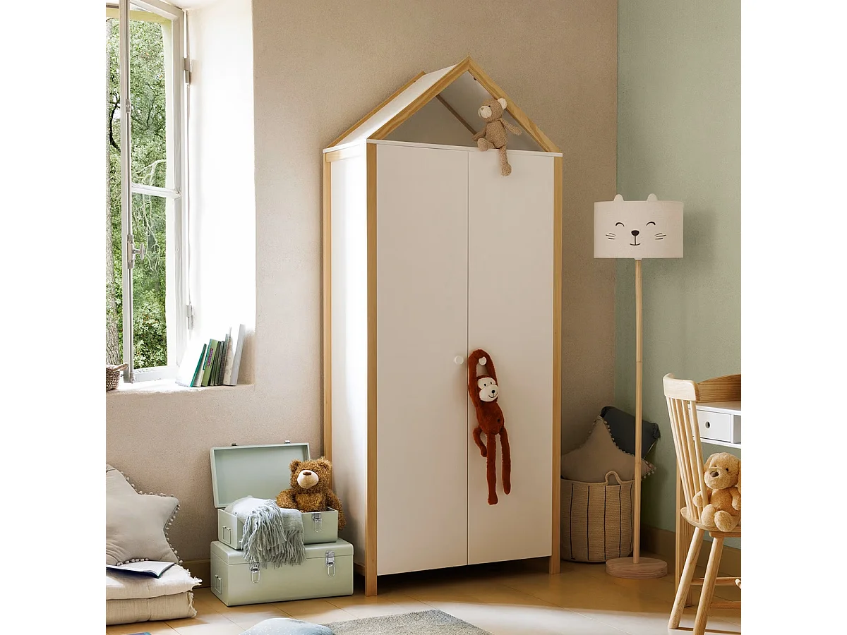 Armoire, meuble de rangement en bois avec 2 portes coloris blanc, naturel - Longueur 86  x Profondeur 41,2 x Hauteur  204,5 cm