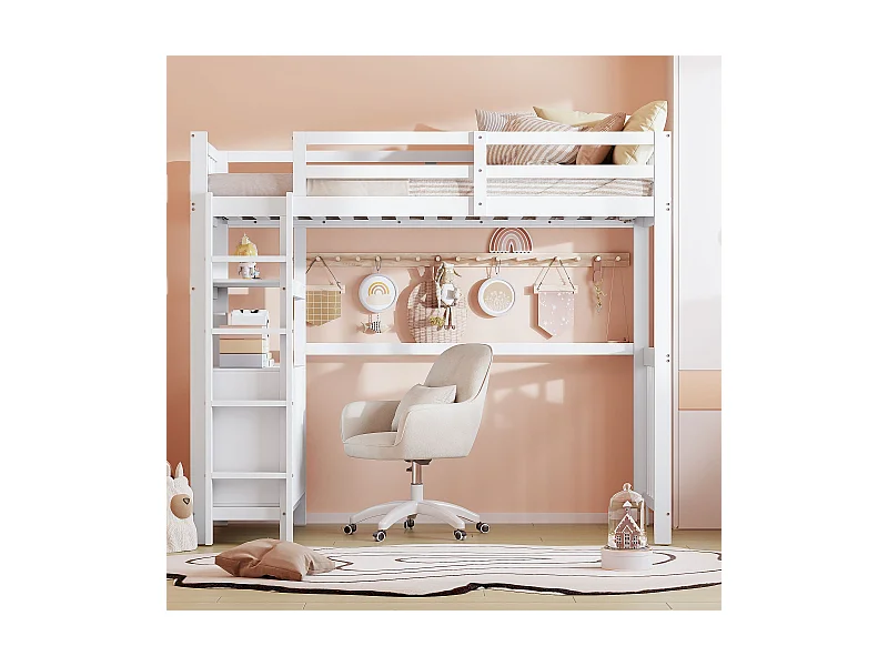 Litera 90*200 cm, escalera de seguridad vertical, cajones y estantes, diseño de valla alta, blanco