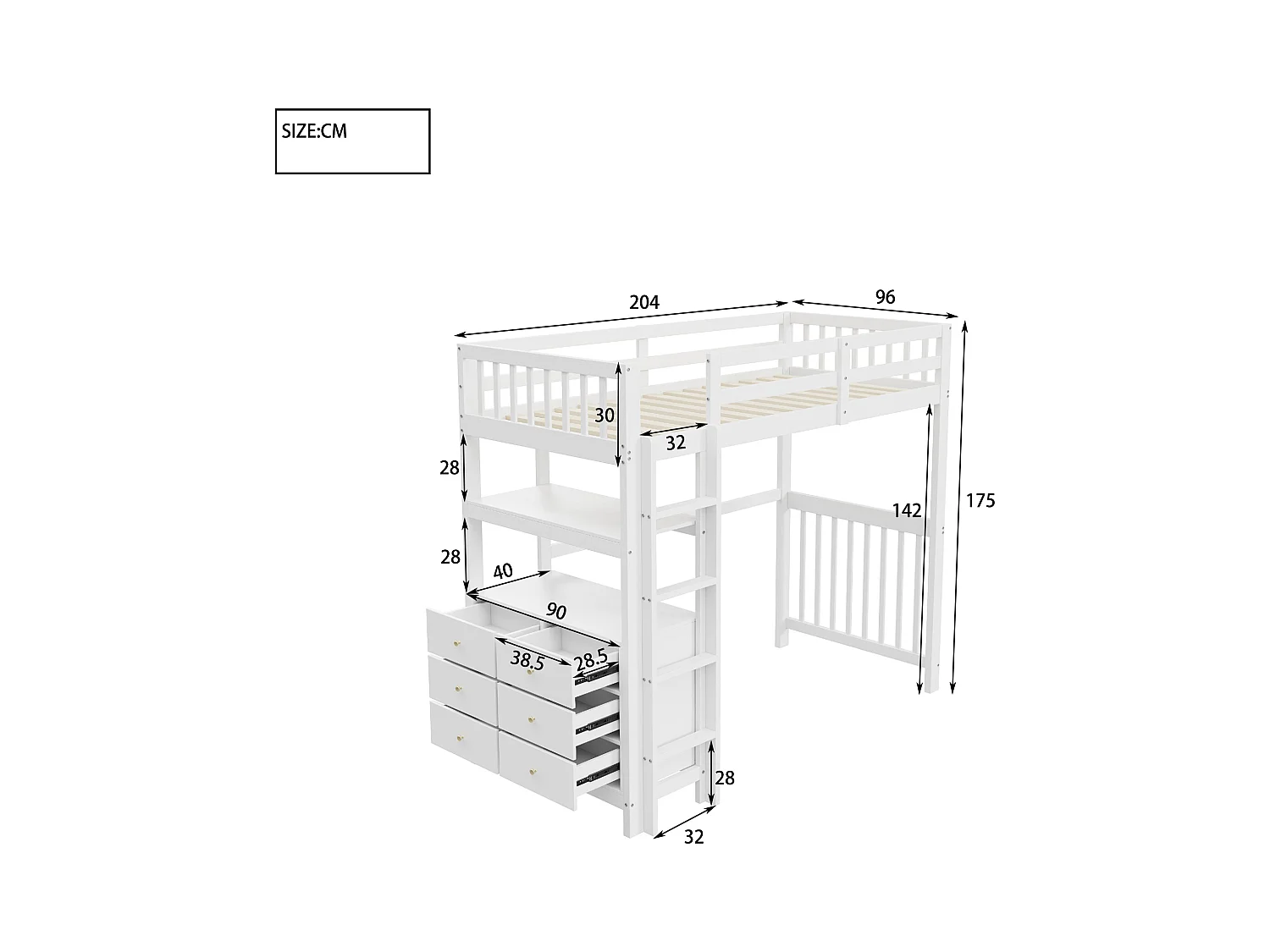 Etagenbett 90*200 cm, vertikale Sicherheitsleiter, Schubladen und Regale, high fence design, weiß.