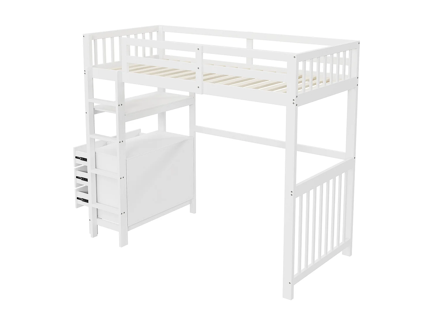 Etagenbett 90*200 cm, vertikale Sicherheitsleiter, Schubladen und Regale, high fence design, weiß.