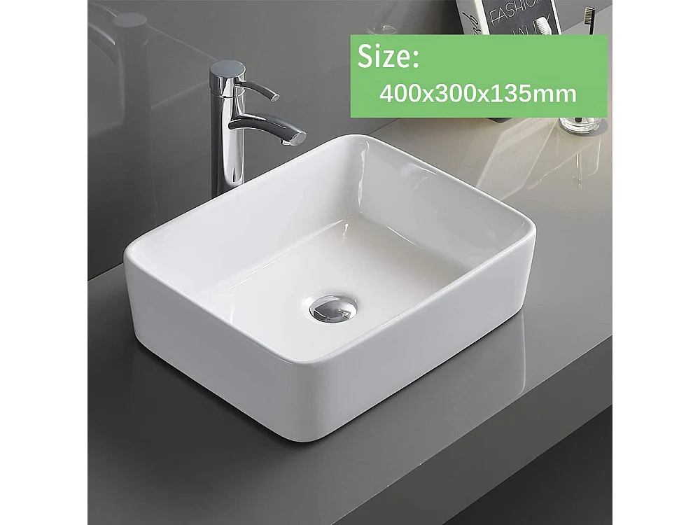 Lavabo Rectangulaire Moderne en Céramique, Évier de Salle de Bain, Bac à Laver Blanc, 400x300x135mm
