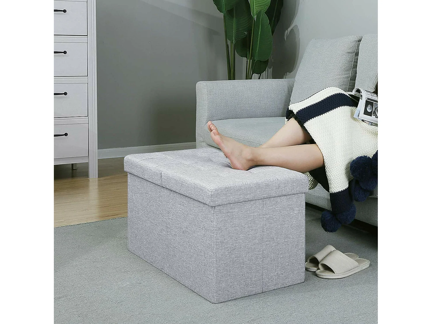 Banc Tabouret Boîte de Rangement Polyester Commode Pliable - 76x38x38cm - Gris Clair