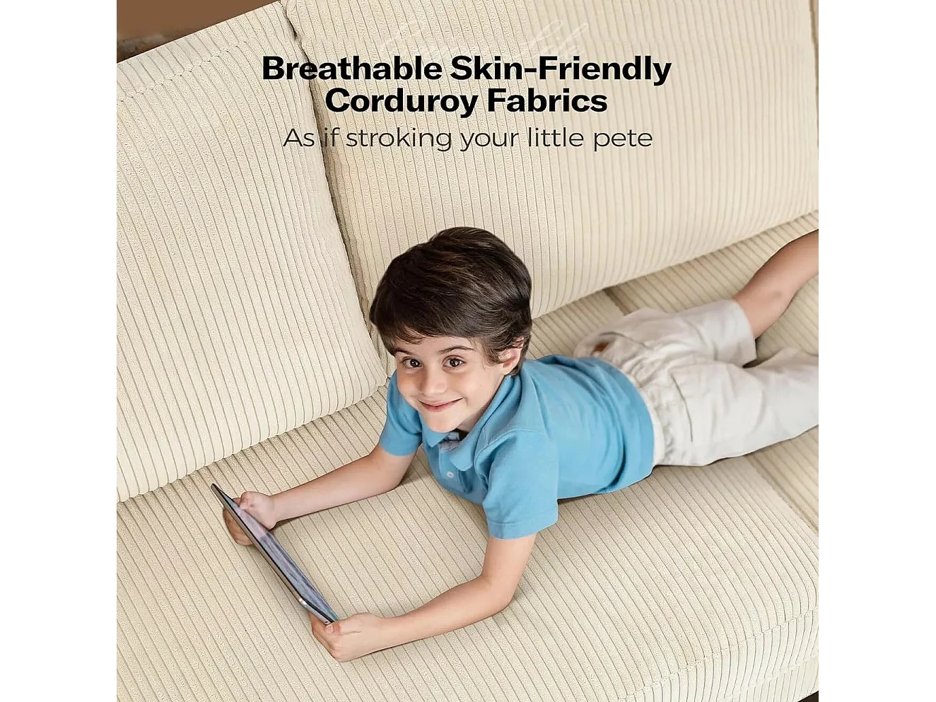 Divano a 3 posti in velluto a coste beige, grande divano rettilineo, sedili extra profondi 53 cm, con 2 cuscini - 220x76x84 cm