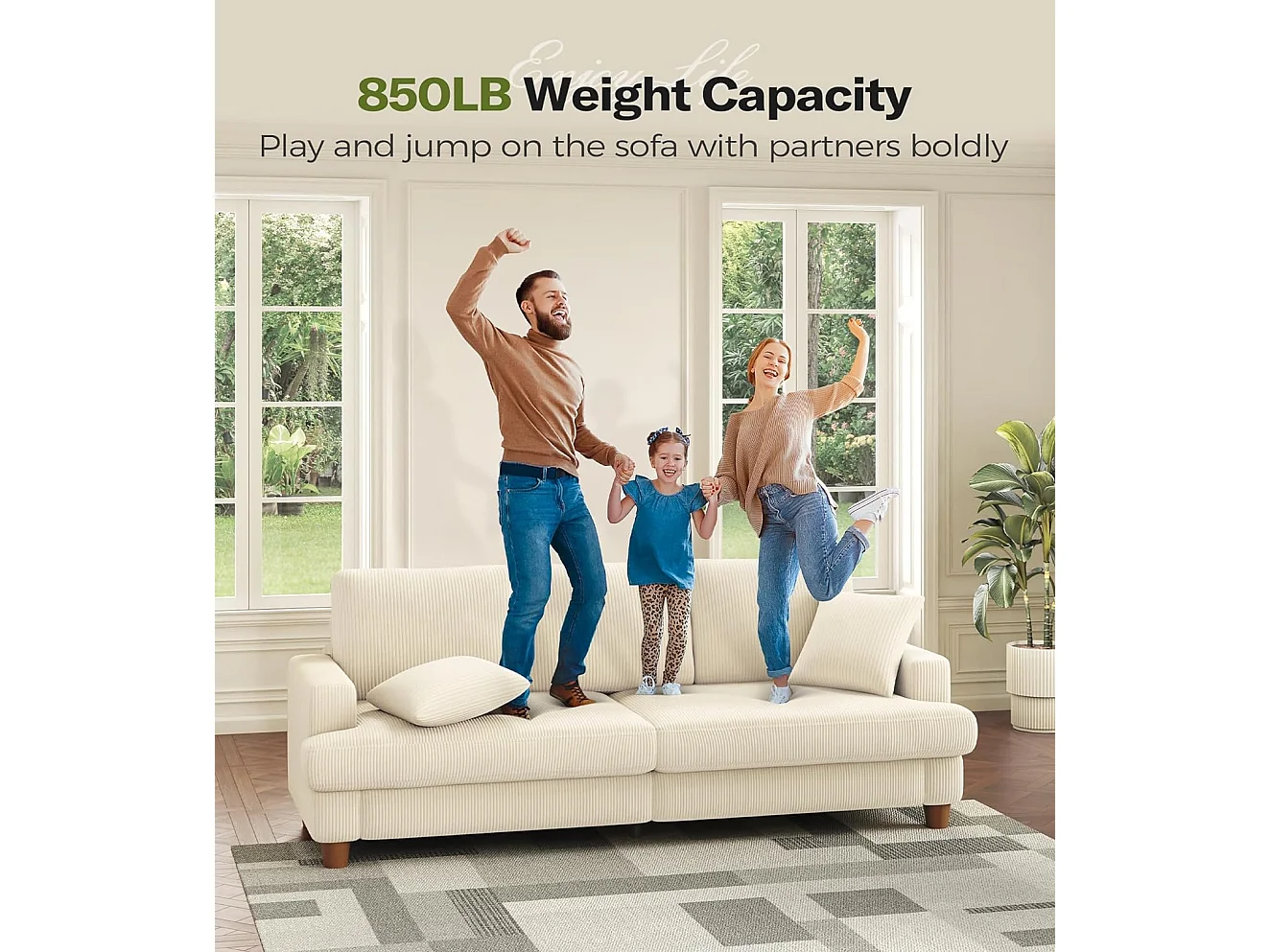 Divano a 3 posti in velluto a coste beige, grande divano rettilineo, sedili extra profondi 53 cm, con 2 cuscini - 220x76x84 cm