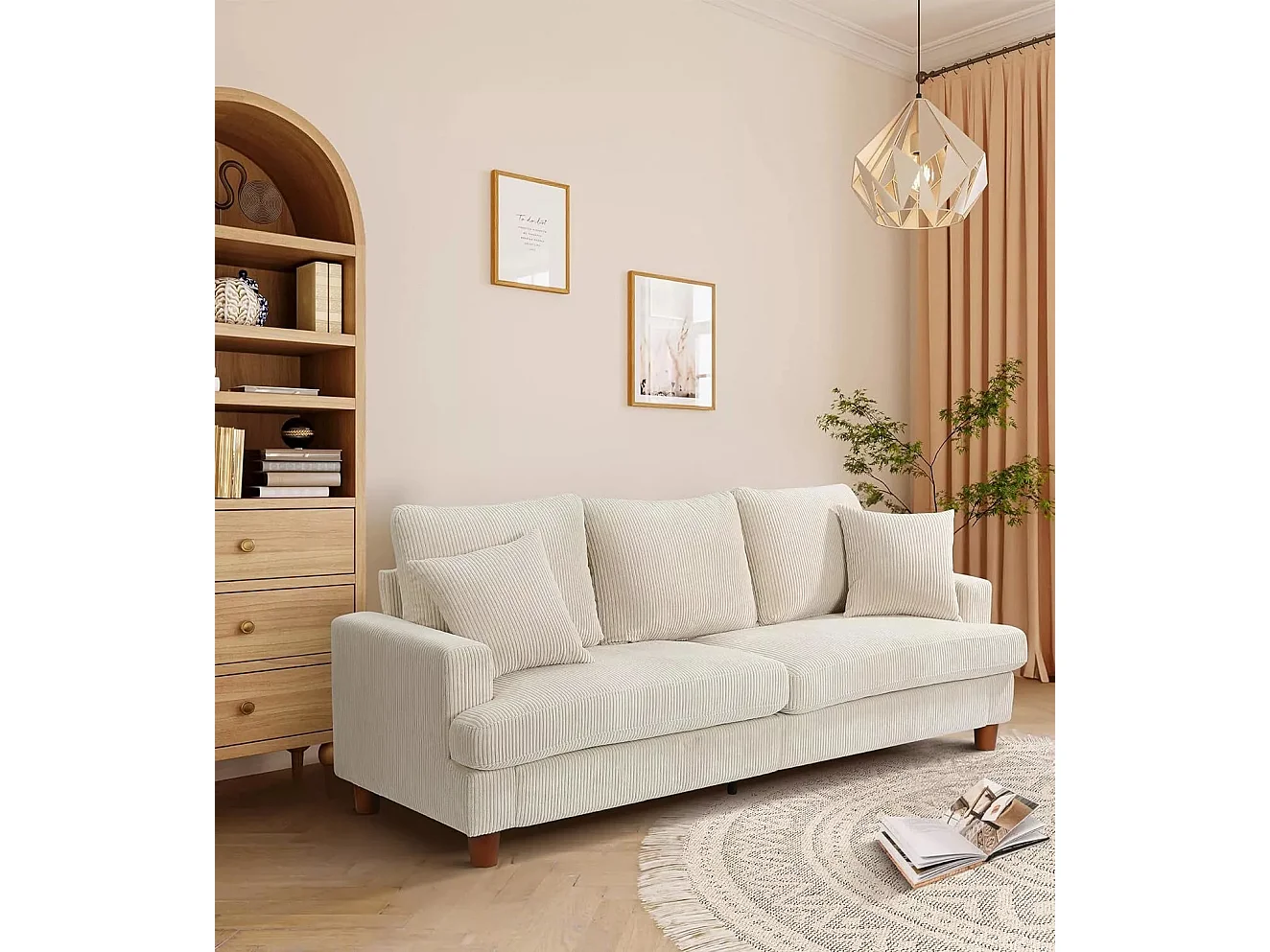 Divano a 3 posti in velluto a coste beige, grande divano rettilineo, sedili extra profondi 53 cm, con 2 cuscini - 220x76x84 cm