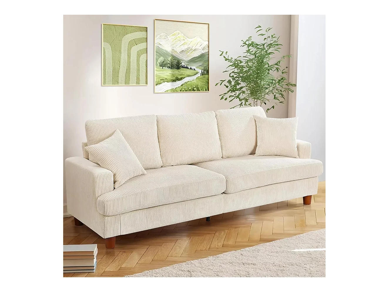 Canapé 3 Places en Velours Côtelé Beige, Grand Canapé Droit, Sièges extra profonds de 53cm, avec 2 Oreillers - 220x76x84cm