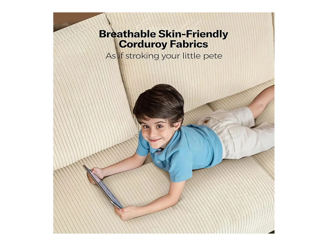 3-zits bank in beige geribbelde fluweel, grote rechte bank, extra diepe zitplaatsen (53 cm), met 2 kussens - 220x76x84 cm