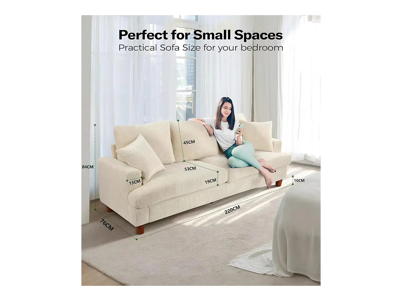 3-zits bank in beige geribbelde fluweel, grote rechte bank, extra diepe zitplaatsen (53 cm), met 2 kussens - 220x76x84 cm