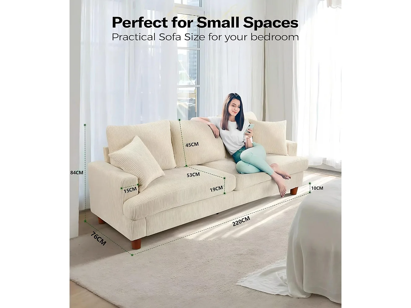 Canapé 3 Places en Velours Côtelé Beige, Grand Canapé Droit, Sièges extra profonds de 53cm, avec 2 Oreillers - 220x76x84cm