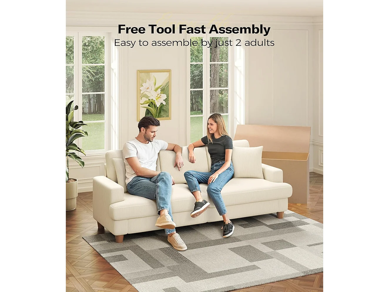 Canapé 3 Places en Velours Côtelé Beige, Grand Canapé Droit, Sièges extra profonds de 53cm, avec 2 Oreillers - 220x76x84cm