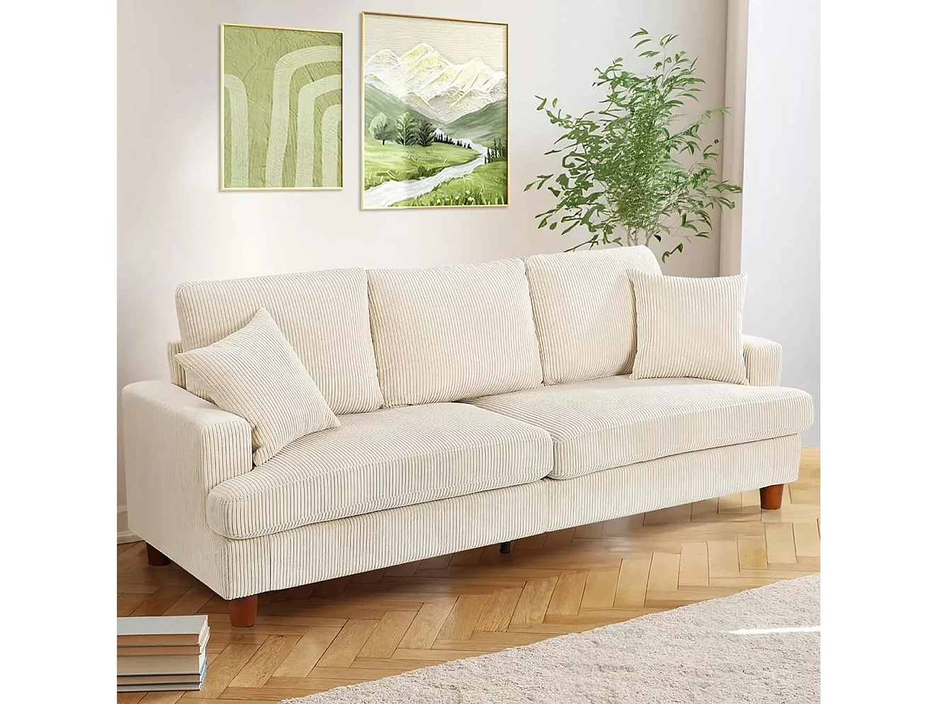 Sofá de 3 de sete em veludo bege, sofá reto grande, assentos extras profundos de 53 cm, com 2 travesseiros - 220x76x84cm