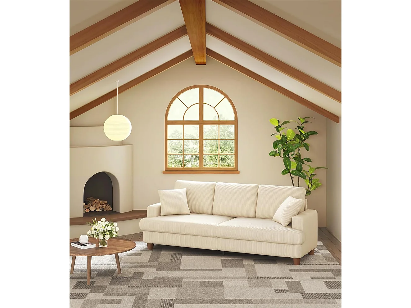Sofá de 3 de sete em veludo bege, sofá reto grande, assentos extras profundos de 53 cm, com 2 travesseiros - 220x76x84cm