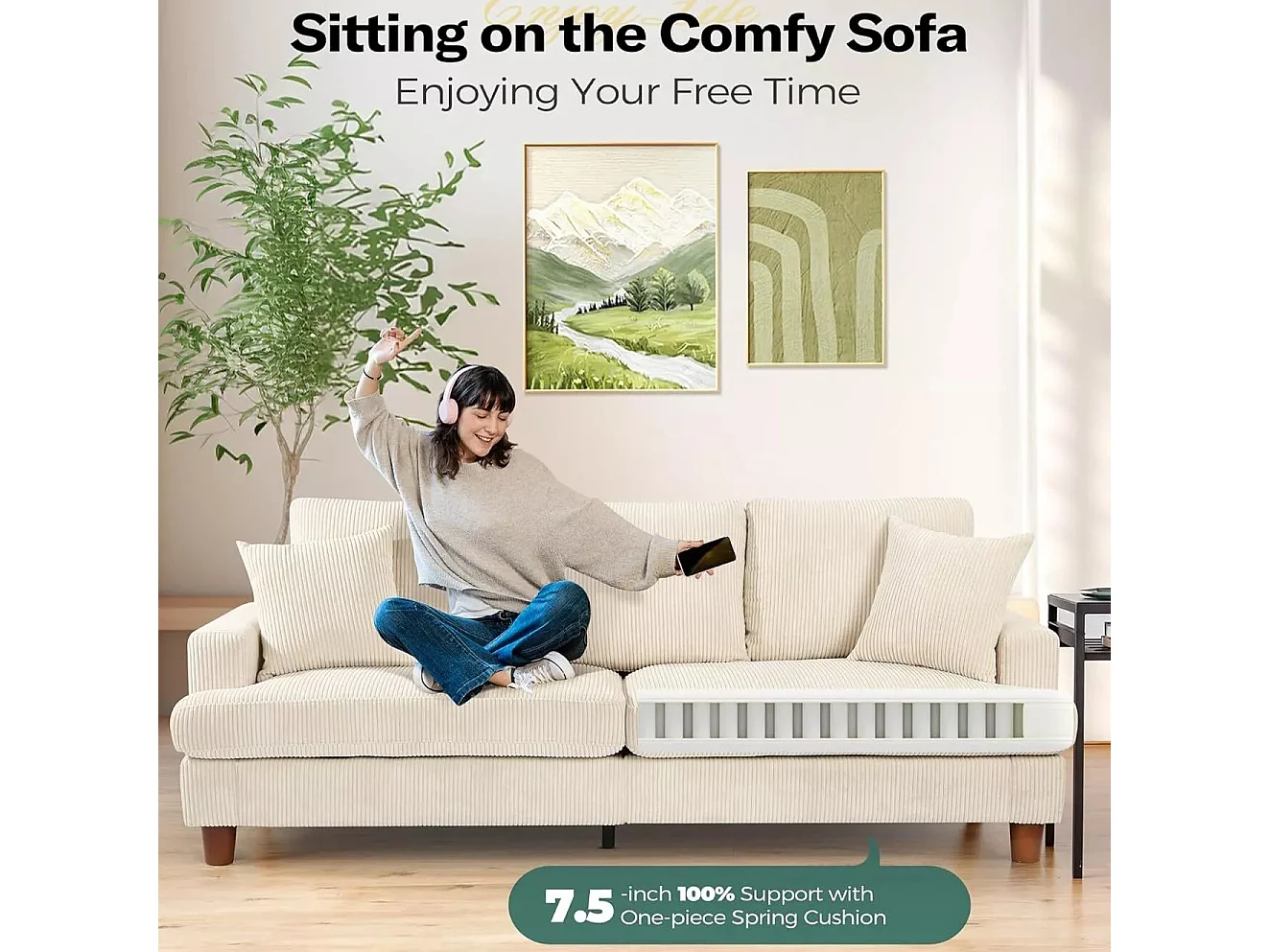 Sofá de 3 de sete em veludo bege, sofá reto grande, assentos extras profundos de 53 cm, com 2 travesseiros - 220x76x84cm
