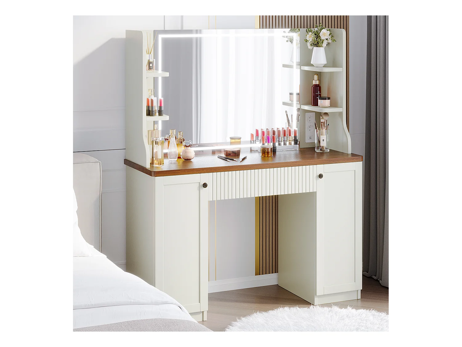 Coiffeuse avec Miroir LED à Luminosité Réglable,Dressing Table Moderne en Bois,Tiroir,3 Compartiments,110x40x138.5cm - Marron Vintage