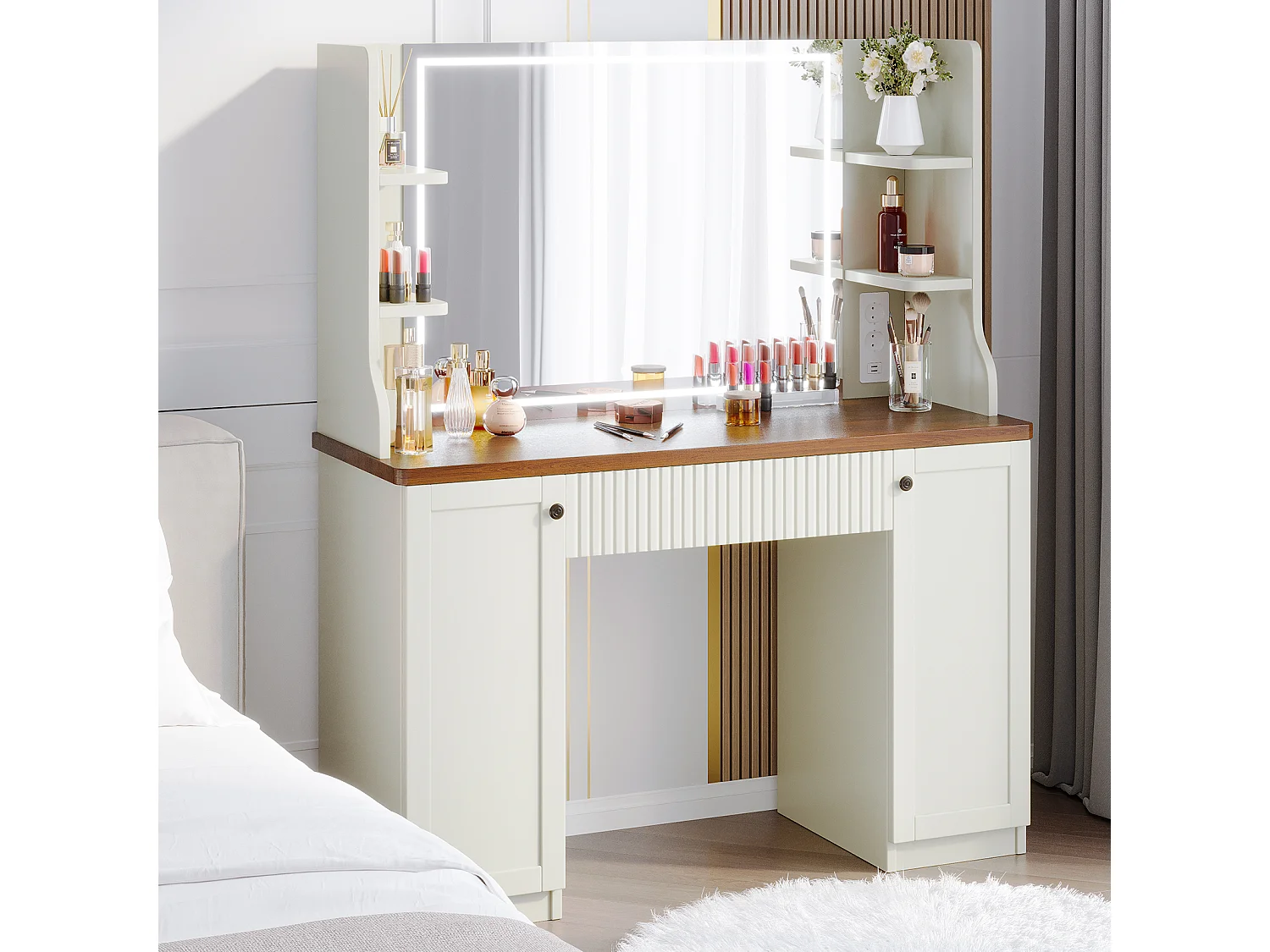 Coiffeuse avec Miroir LED à Luminosité Réglable,Dressing Table Moderne en Bois,Tiroir,3 Compartiments,110x40x138.5cm - Marron Vintage