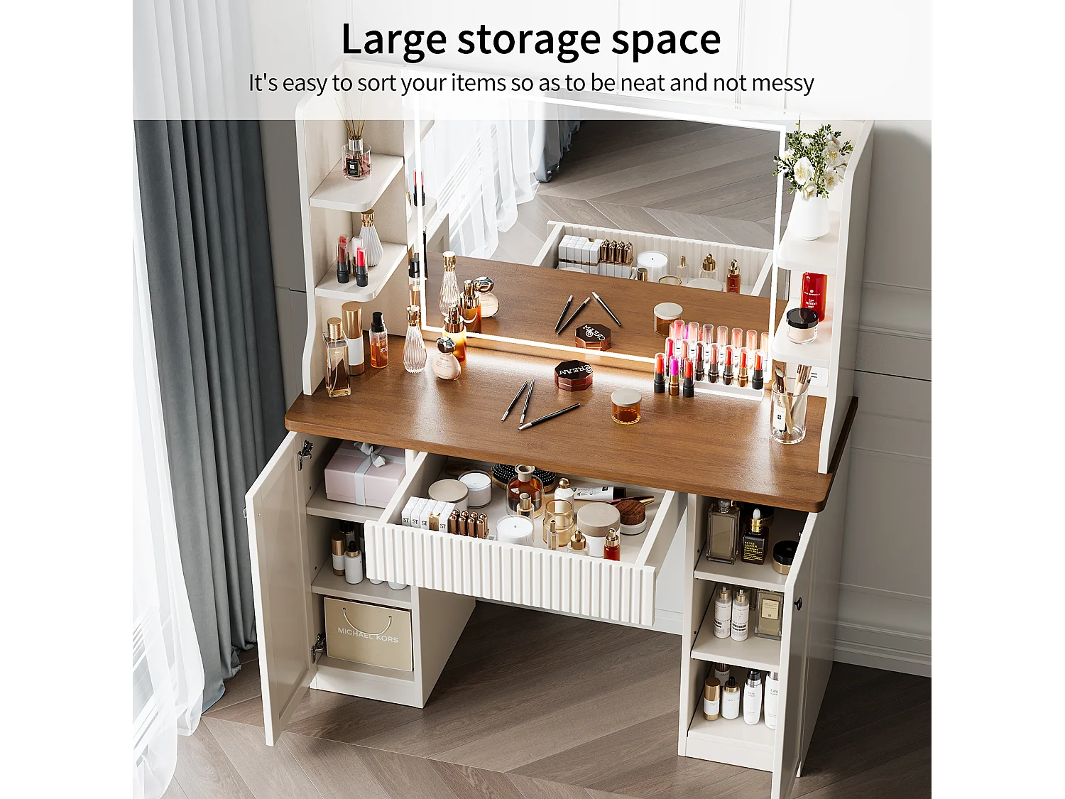 Coiffeuse avec Miroir LED à Luminosité Réglable,Dressing Table Moderne en Bois,Tiroir,3 Compartiments,110x40x138.5cm - Marron Vintage