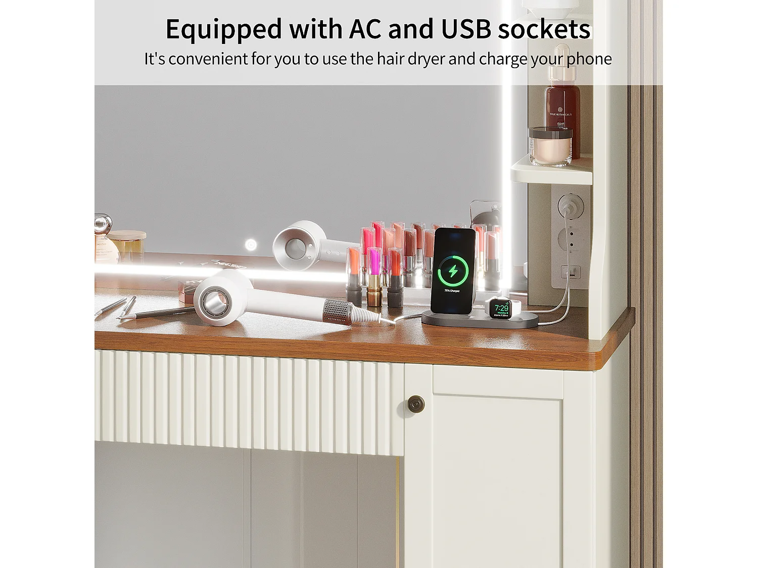 Coiffeuse avec Miroir LED à Luminosité Réglable,Dressing Table Moderne en Bois,Tiroir,3 Compartiments,110x40x138.5cm - Marron Vintage