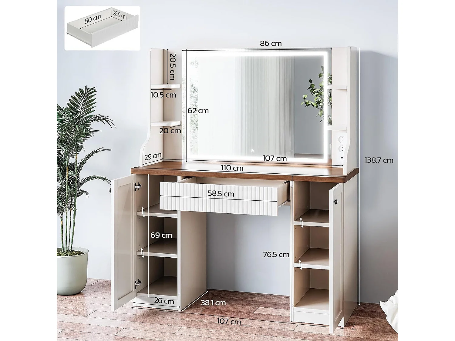 Coiffeuse avec Miroir LED à Luminosité Réglable,Dressing Table Moderne en Bois,Tiroir,3 Compartiments,110x40x138.5cm - Marron Vintage