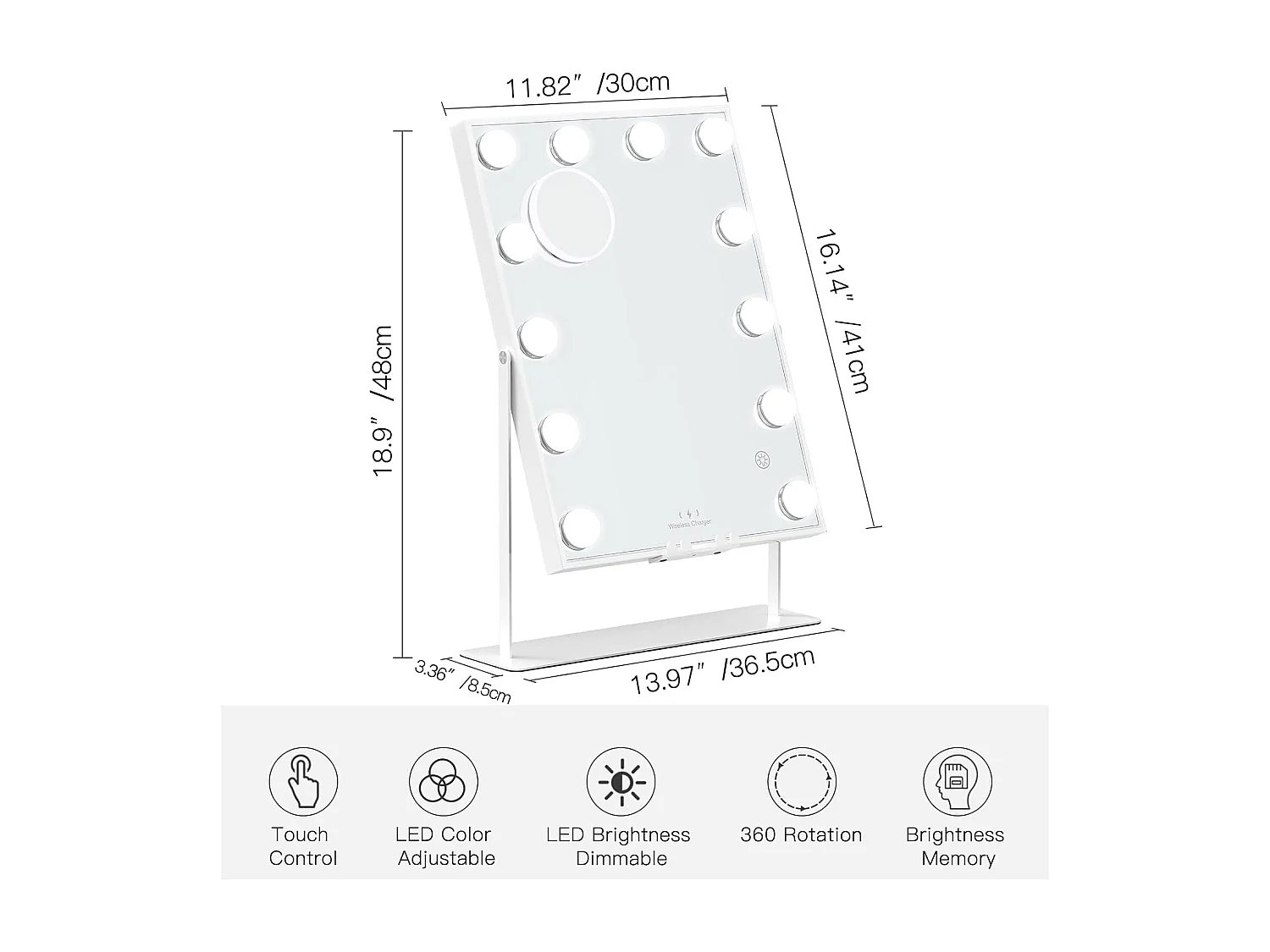 Specchio bluetooth ricaricabile wireless 12 lampadine, trucco a LED Hollywood 3 colori 30 x 41 cm - bianco