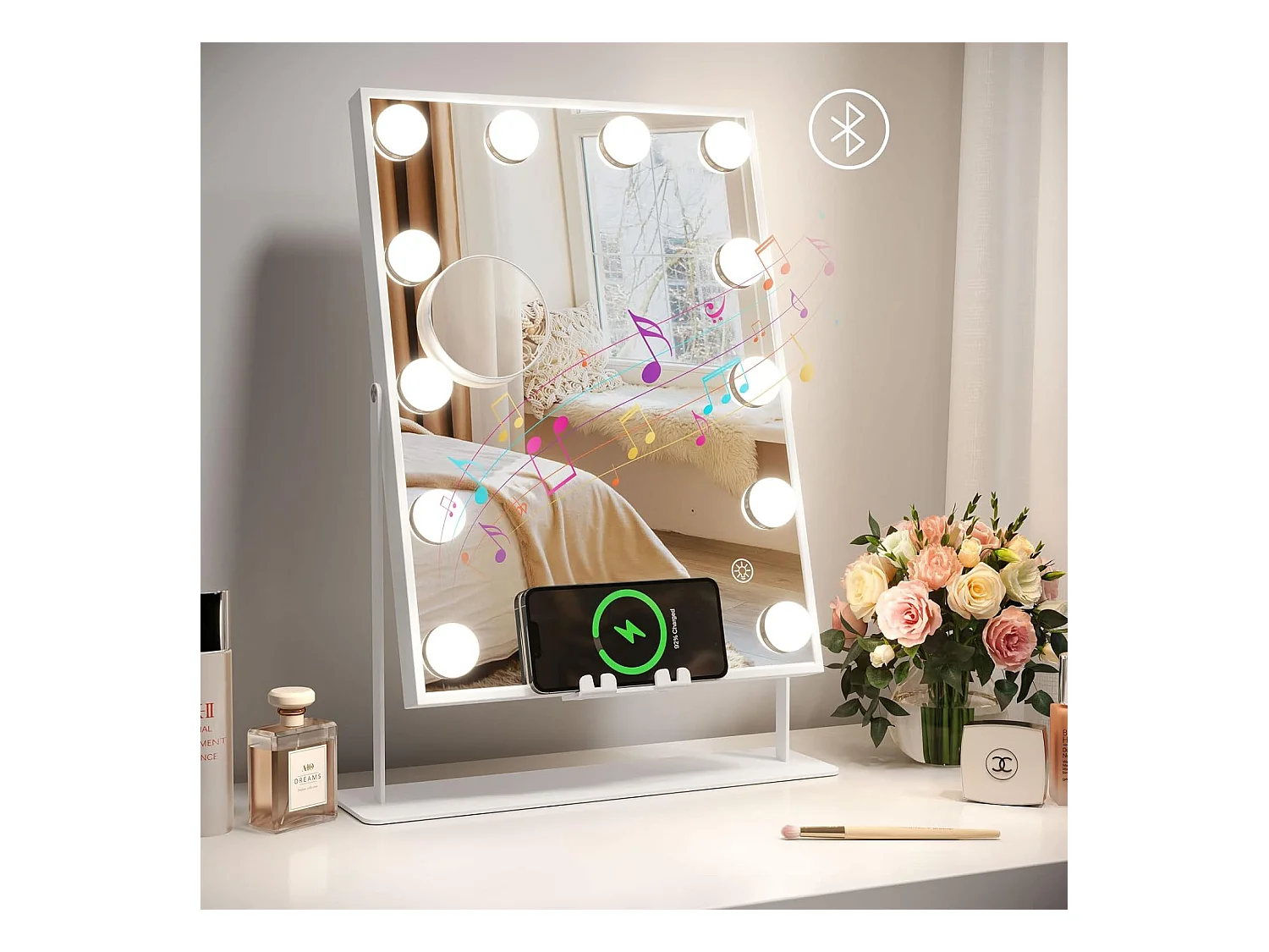 Espejo bluetooth recargable inalámbrico 12 bombillas, luz de maquillaje LED Hollywood 3 colores 30 x 41 cm - blanco