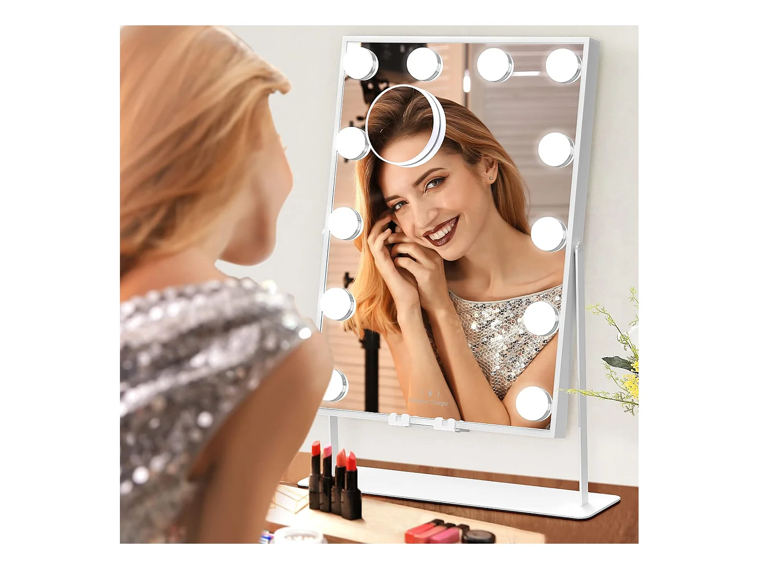 Draadloze oplaadbare Bluetooth-spiegel 12 lampen, Hollywood verlichte LED-make-upspiegel 3 kleuren 30 x 41 cm - Wit