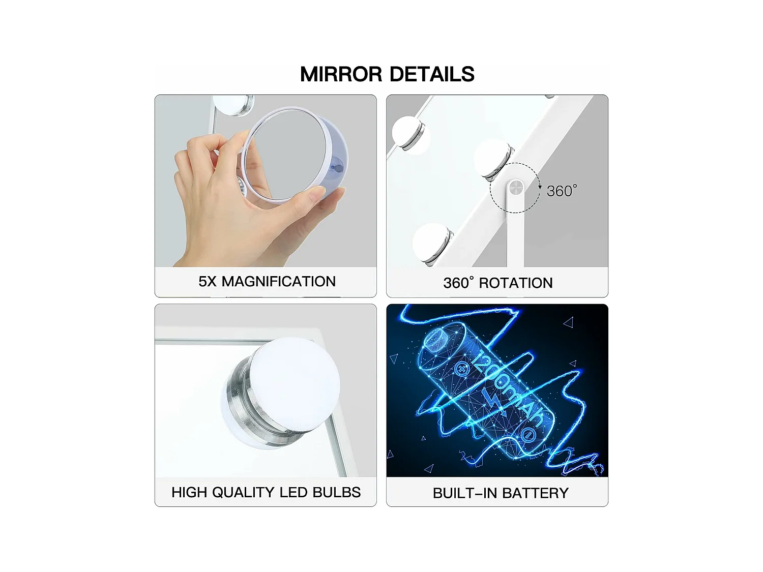 Draadloze oplaadbare Bluetooth-spiegel 12 lampen, Hollywood verlichte LED-make-upspiegel 3 kleuren 30 x 41 cm - Wit