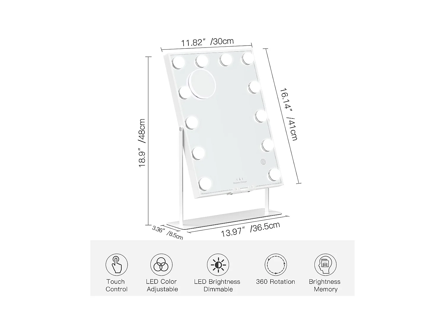 Draadloze oplaadbare Bluetooth-spiegel 12 lampen, Hollywood verlichte LED-make-upspiegel 3 kleuren 30 x 41 cm - Wit