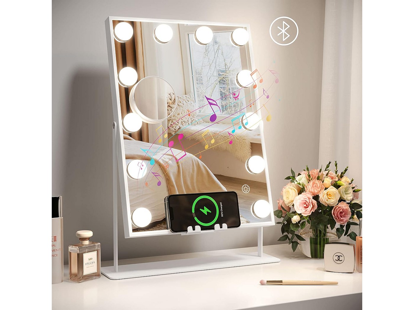 Hasipu Make-upspiegel met verlichting, 140 x 91 cm, led-make-upspiegel, verlichte make-upspiegel met 3 dimbare modi, touchscreen-bediening, ronde make- upspiegel, wit