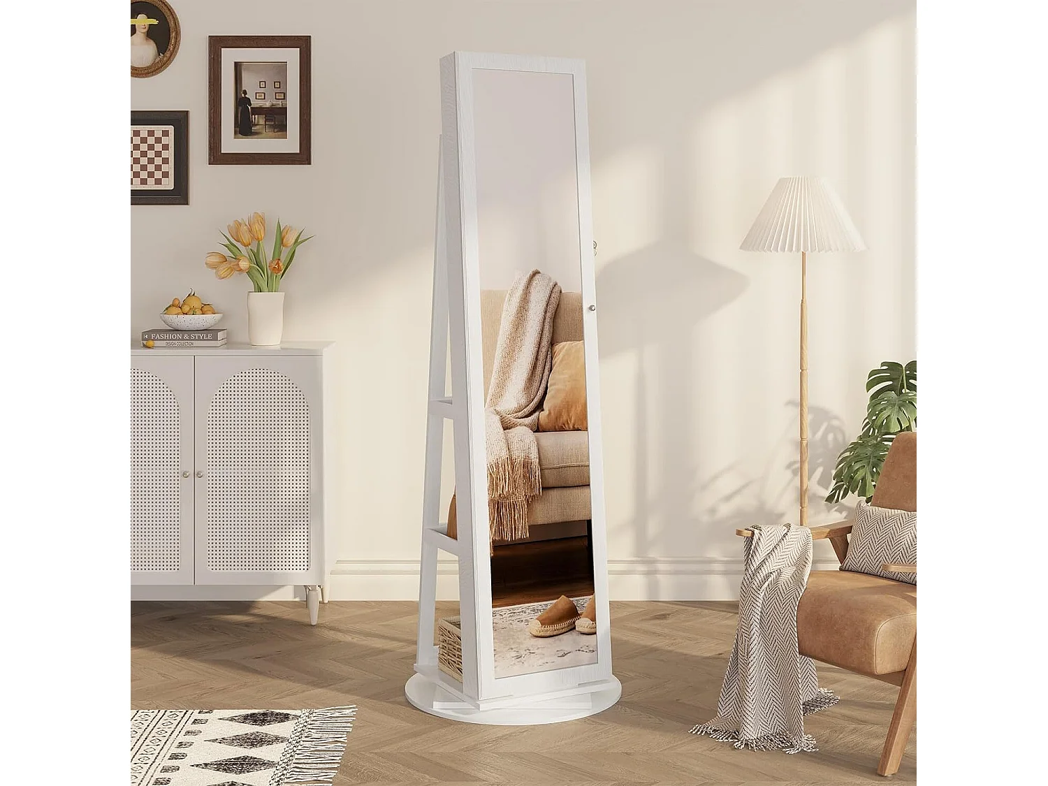 Sieradenkast met 360° draaibare spiegel, 3-in-1 cosmetica-opbergmeubel, schoonheidskast, planken, slot, 158x38x38cm, wit