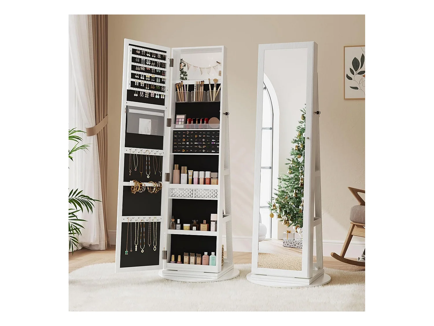 Armoire à Bijoux avec Miroir pivotante à 360°,Meuble de Rangement 3-en-1 pour cosmétiques,Placard beauté,étagères,Serrure,158x38x38cm,Blanc