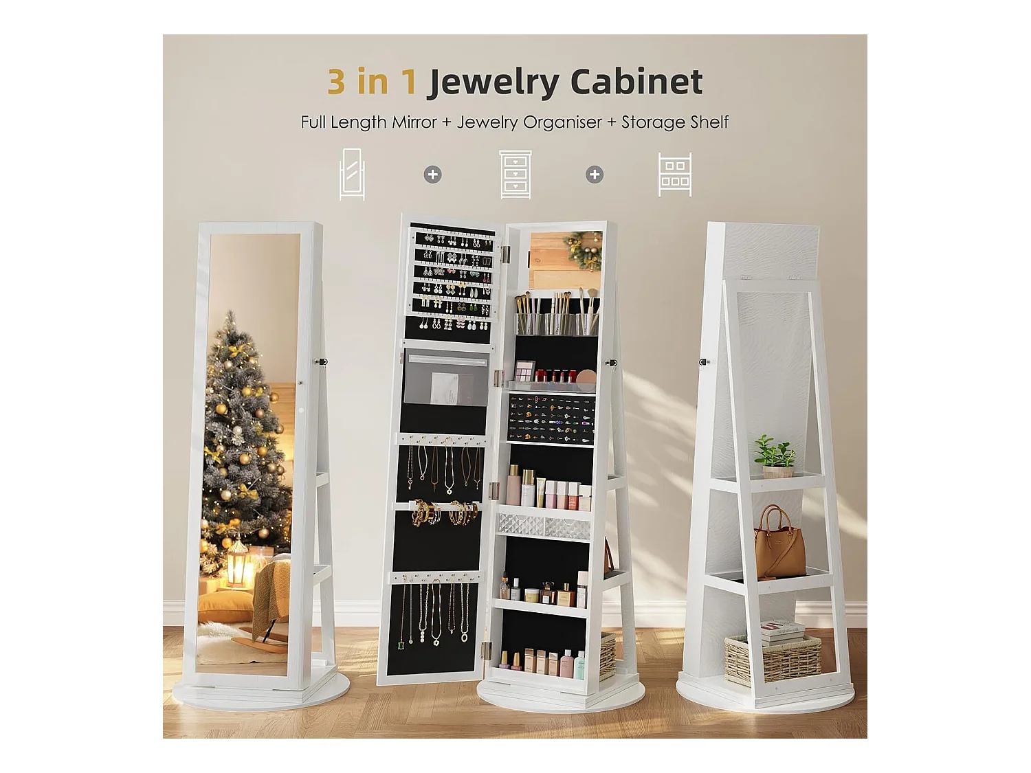 Gabinete de joyería con espejo giratorio de 360 ​​°, unidad de almacenamiento 3 en 1 para cosméticos, armario de belleza, estantes, bloqueo, 158x38x38 cm, blanco