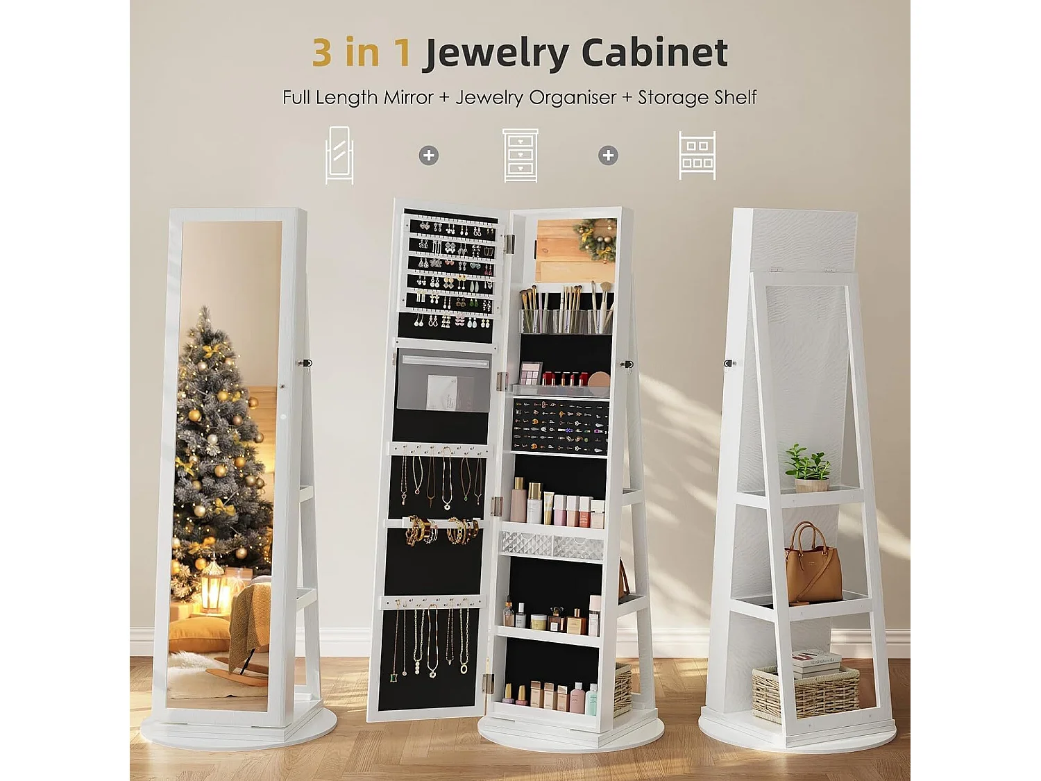 Gabinete de joyería con espejo giratorio de 360 ​​°, unidad de almacenamiento 3 en 1 para cosméticos, armario de belleza, estantes, bloqueo, 158x38x38 cm, blanco