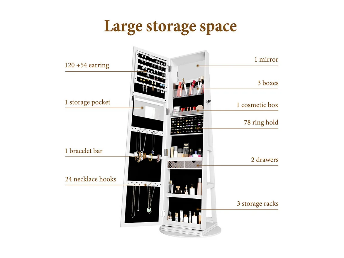Armoire à Bijoux avec Miroir pivotante à 360°,Meuble de Rangement 3-en-1 pour cosmétiques,Placard beauté,étagères,Serrure,158x38x38cm,Blanc