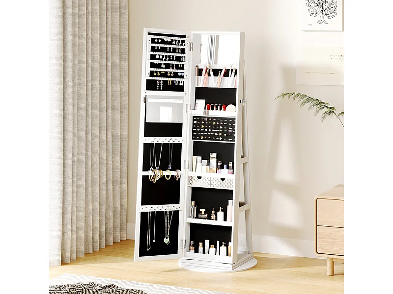Armoire à Bijoux avec Miroir pivotante à 360°,Meuble de Rangement 3-en-1 pour cosmétiques,Placard beauté,étagères,Serrure,158x38x38cm,Blanc