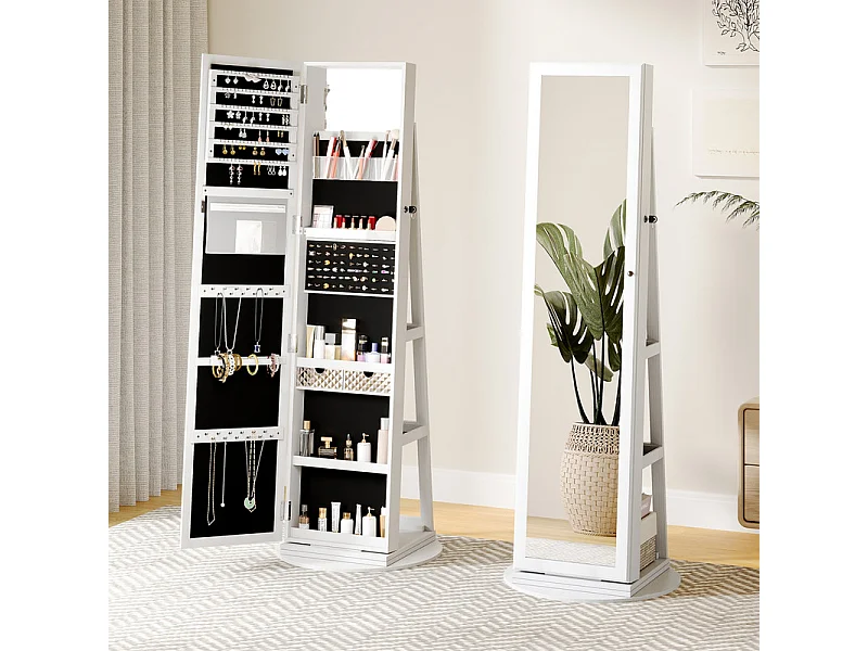 Armoire à Bijoux avec Miroir pivotante à 360°,Meuble de Rangement 3-en-1 pour cosmétiques,Placard beauté,étagères,Serrure,158x38x38cm,Blanc