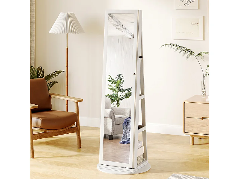Armoire à Bijoux avec Miroir pivotante à 360°,Meuble de Rangement 3-en-1 pour cosmétiques,Placard beauté,étagères,Serrure,158x38x38cm,Blanc