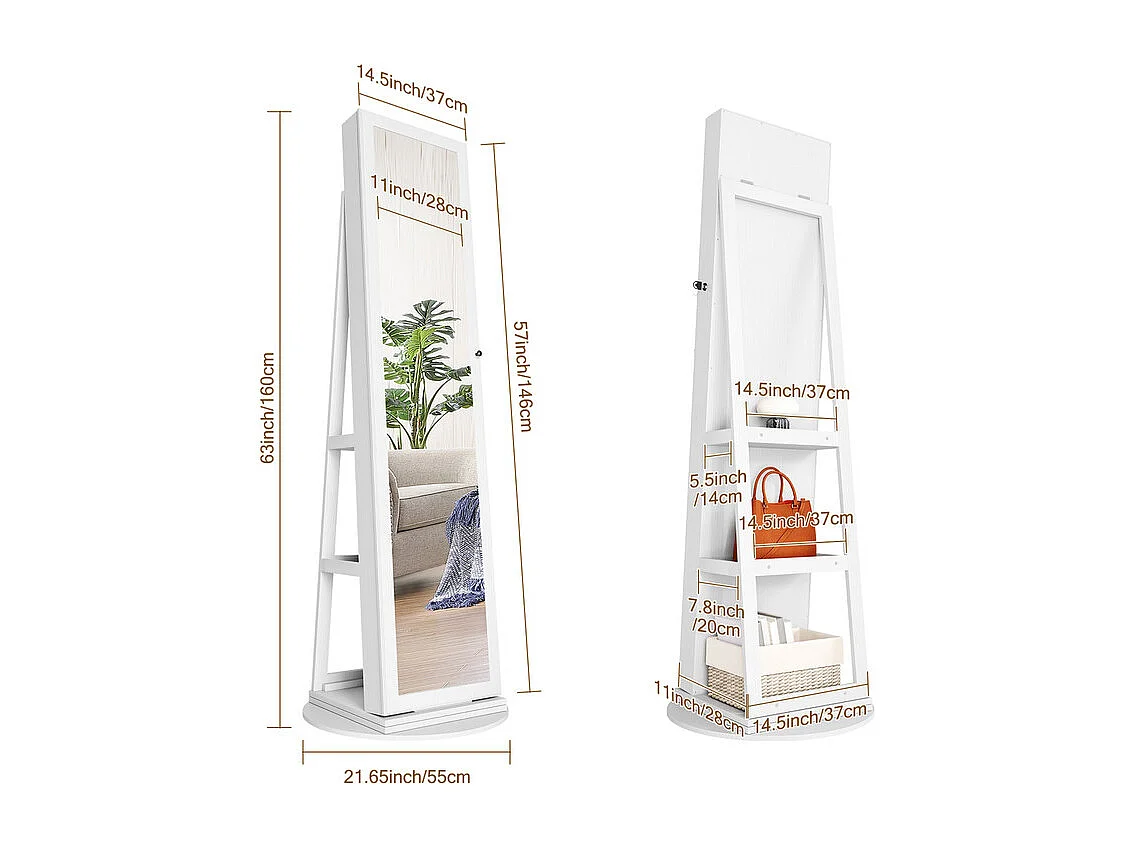 Armoire à Bijoux avec Miroir pivotante à 360°,Meuble de Rangement 3-en-1 pour cosmétiques,Placard beauté,étagères,Serrure,158x38x38cm,Blanc