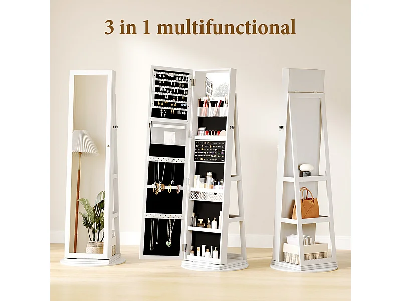 Armoire à Bijoux avec Miroir pivotante à 360°,Meuble de Rangement 3-en-1 pour cosmétiques,Placard beauté,étagères,Serrure,158x38x38cm,Blanc