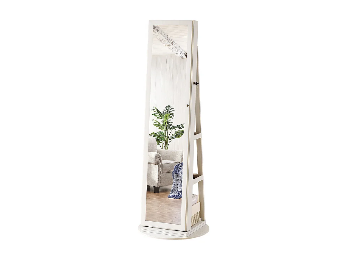 Armoire à Bijoux avec Miroir pivotante à 360°,Meuble de Rangement 3-en-1 pour cosmétiques,Placard beauté,étagères,Serrure,158x38x38cm,Blanc