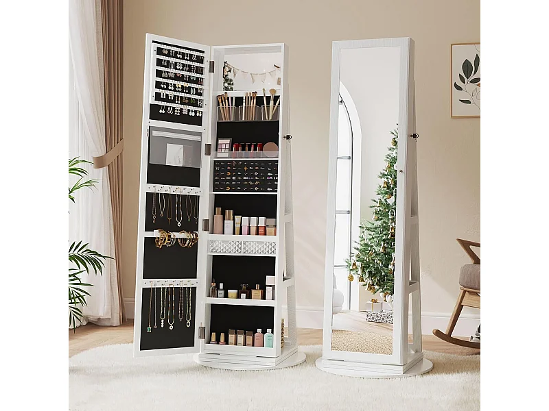 Schmuckschrank mit 360 ° Drehspiegel, 3-in-1-Aufbewahrungseinheit für Kosmetik, Schönheitsschrank, Regale, Schloss, 158x38x38 cm, Weiß