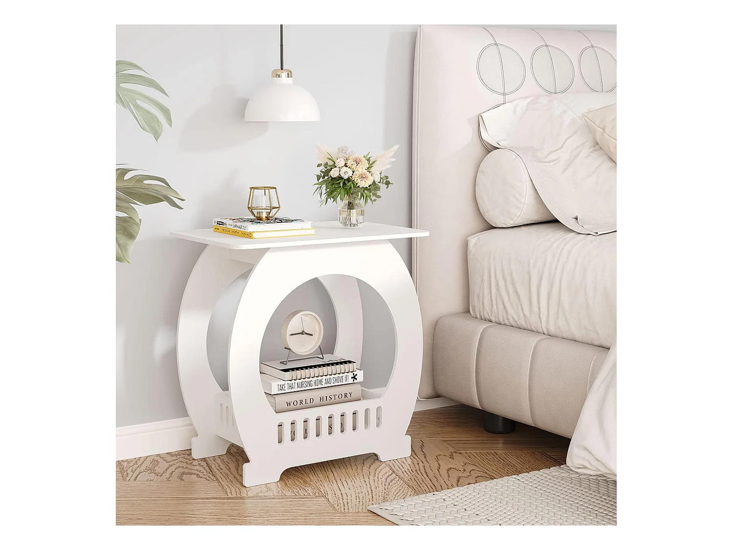 Tavolo da comodino, tavolo da notte con cesto, tavolino di piccoli spazi, divano, tavolo da soggiorno - 44x30x46cm - bianco