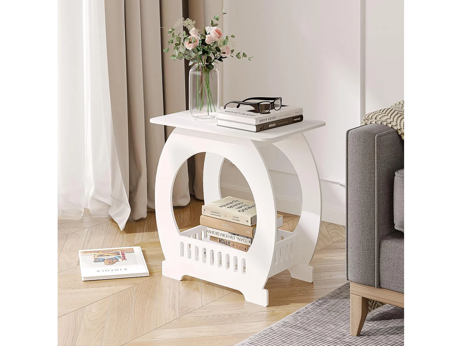 Table de Chevet,Table de Nuit avec Panier,Table à Café de Petits Espaces,Bout de Canapé,Table de Salon - 44x30x46cm - Blanc