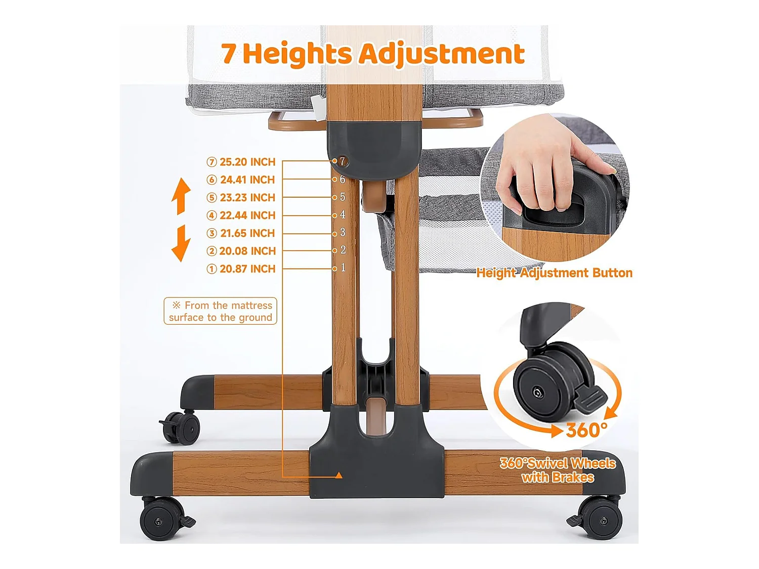 Ezebaby Lit Bébé Cododo 3 en 1,Couffin à Bascule avec Matelas,Hauteur Réglable 7 Niveaux,Maille Respirante,pour Nouveau-né,Veinure du Bois