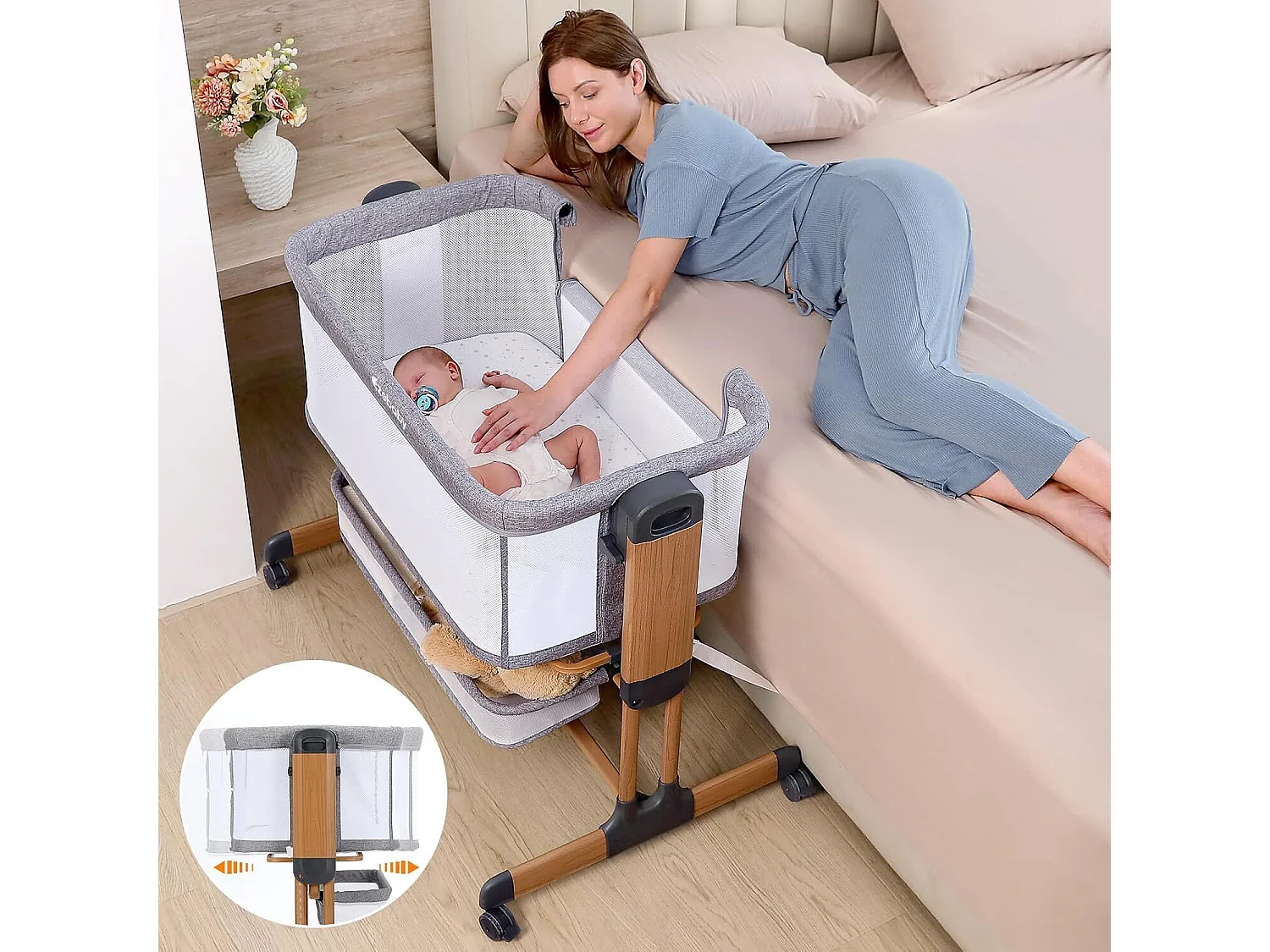 Ezebaby Lit Bébé Cododo 3 en 1,Couffin à Bascule avec Matelas,Hauteur Réglable 7 Niveaux,Maille Respirante,pour Nouveau-né,Veinure du Bois