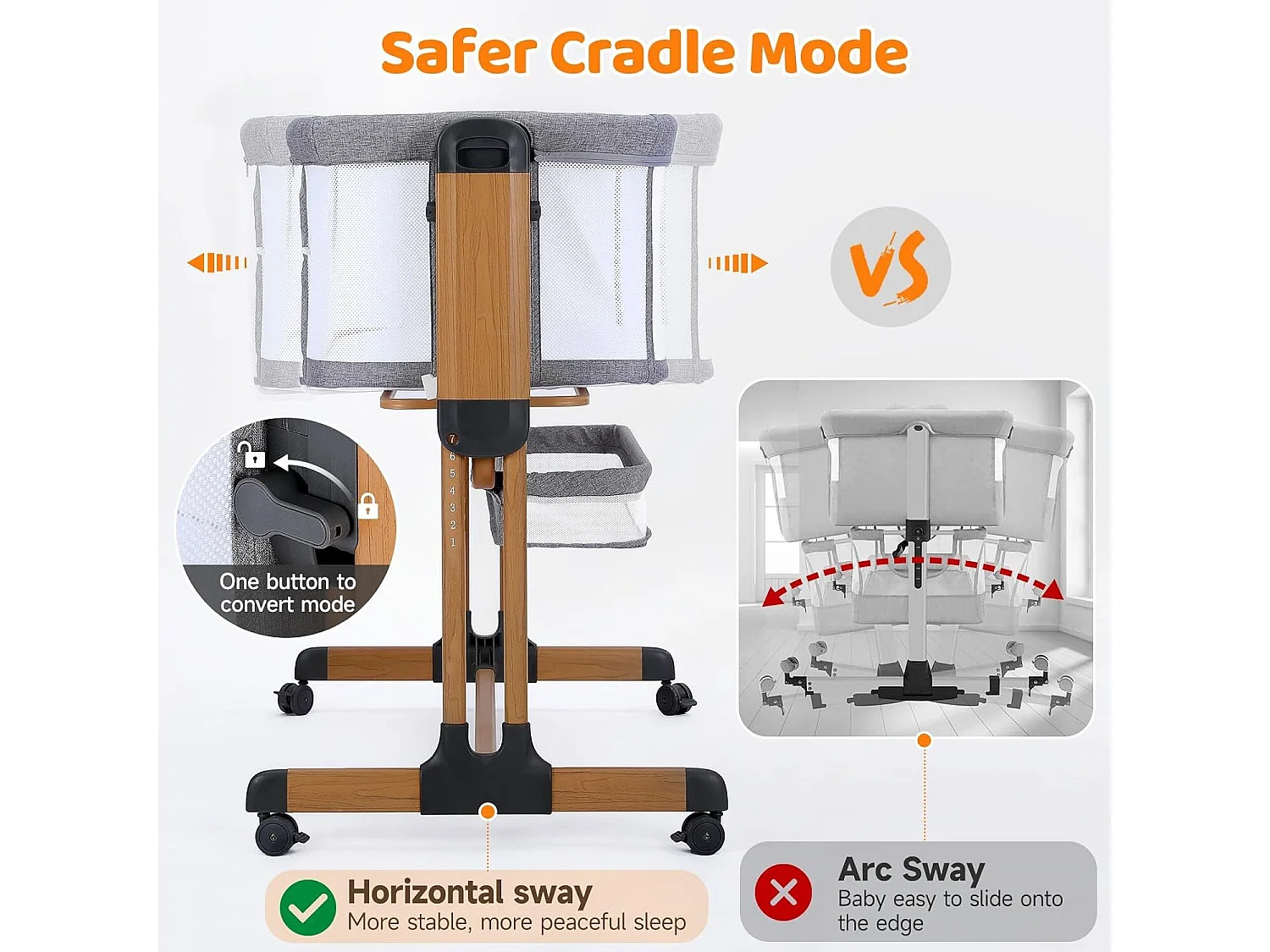 Ezebaby Lit Bébé Cododo 3 en 1,Couffin à Bascule avec Matelas,Hauteur Réglable 7 Niveaux,Maille Respirante,pour Nouveau-né,Veinure du Bois
